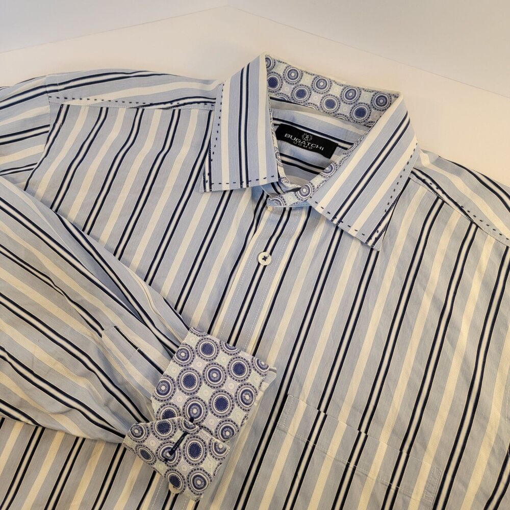 Bugatchi Uomo Blue White Stripe Button Down Shirt Flip Cuff Size XL